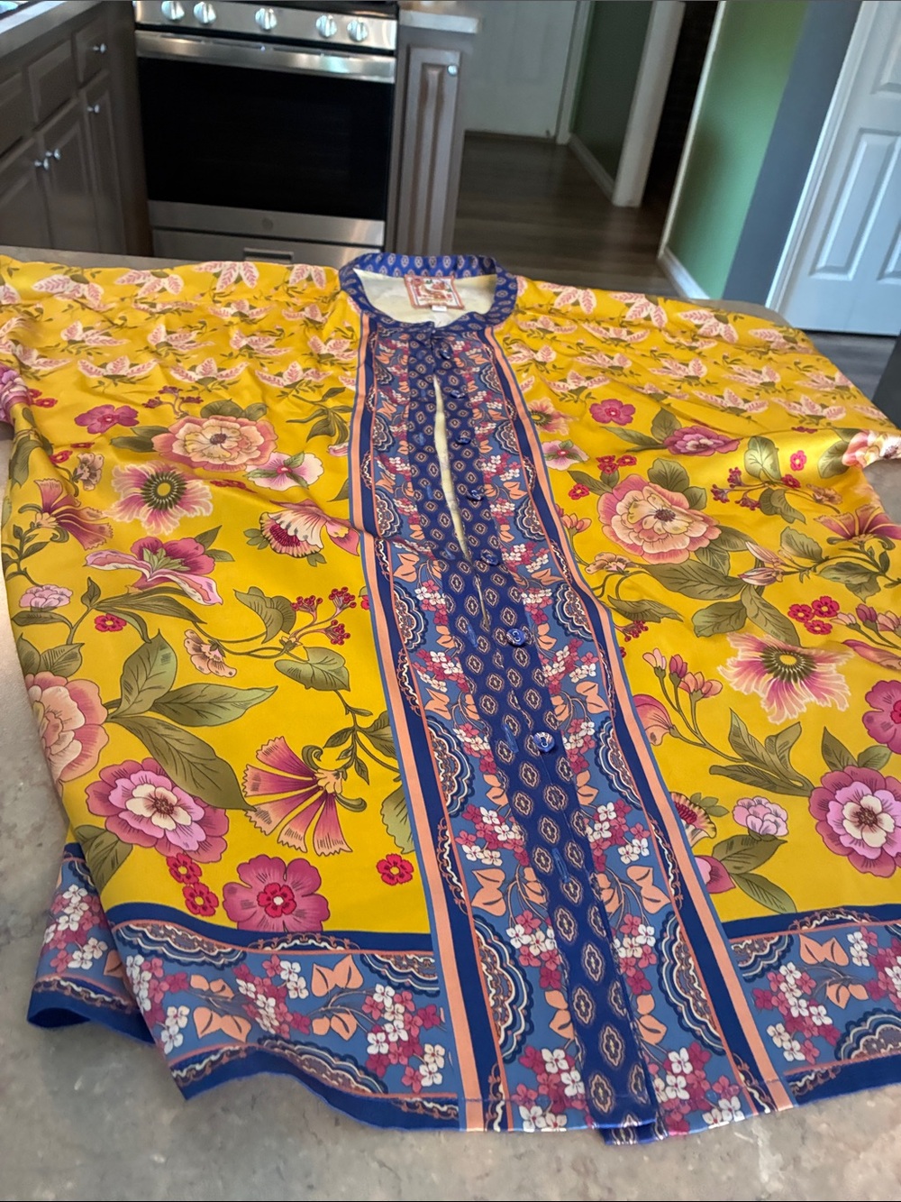 Johnny Was Yellow Floral Boho Blouse with Blue Border